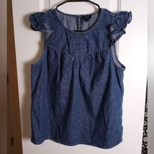 J. Crew Chambray Pleated Ruffle Sleeves Top.